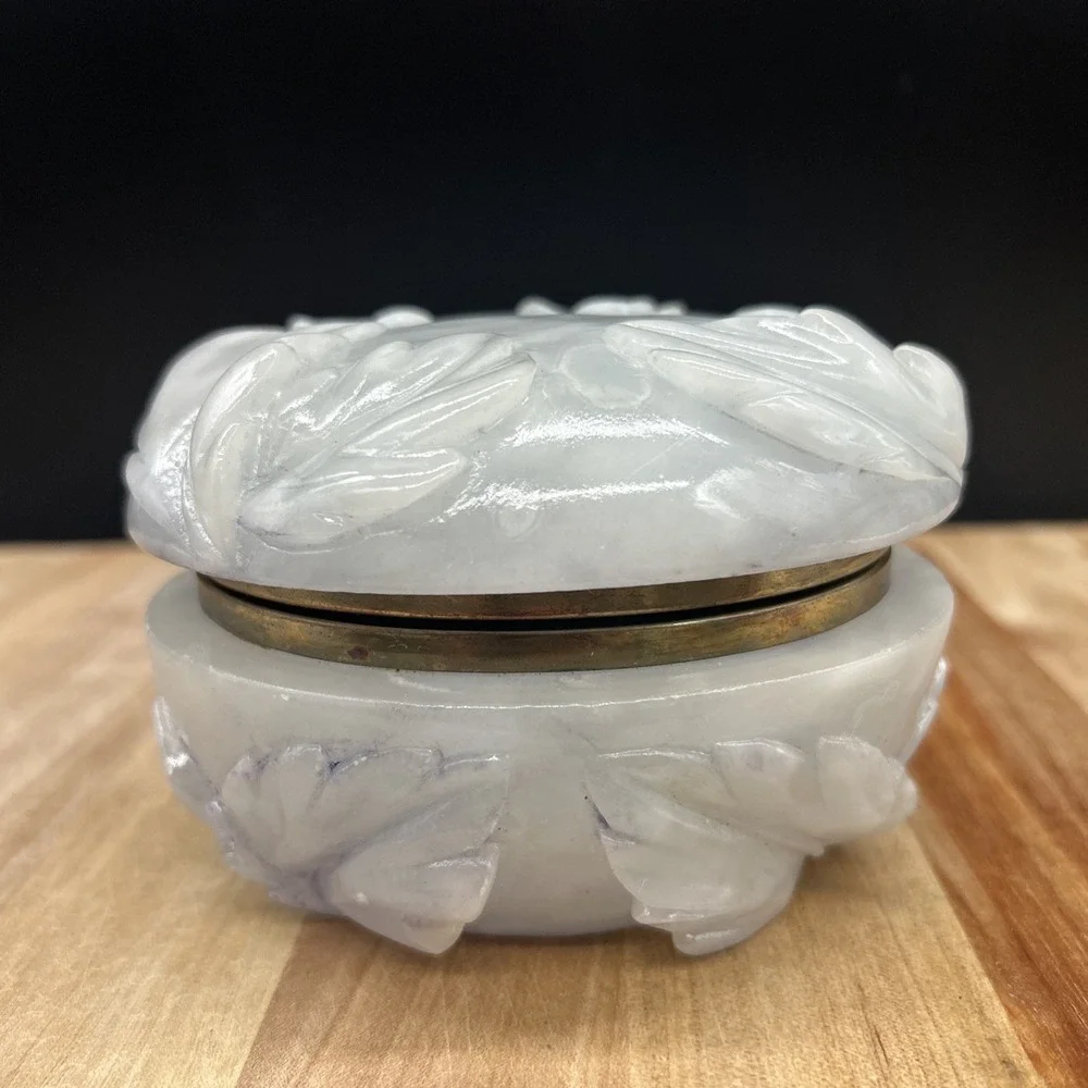 Vintage alabaster Trinket Box With Hinged Lid Carved Stone